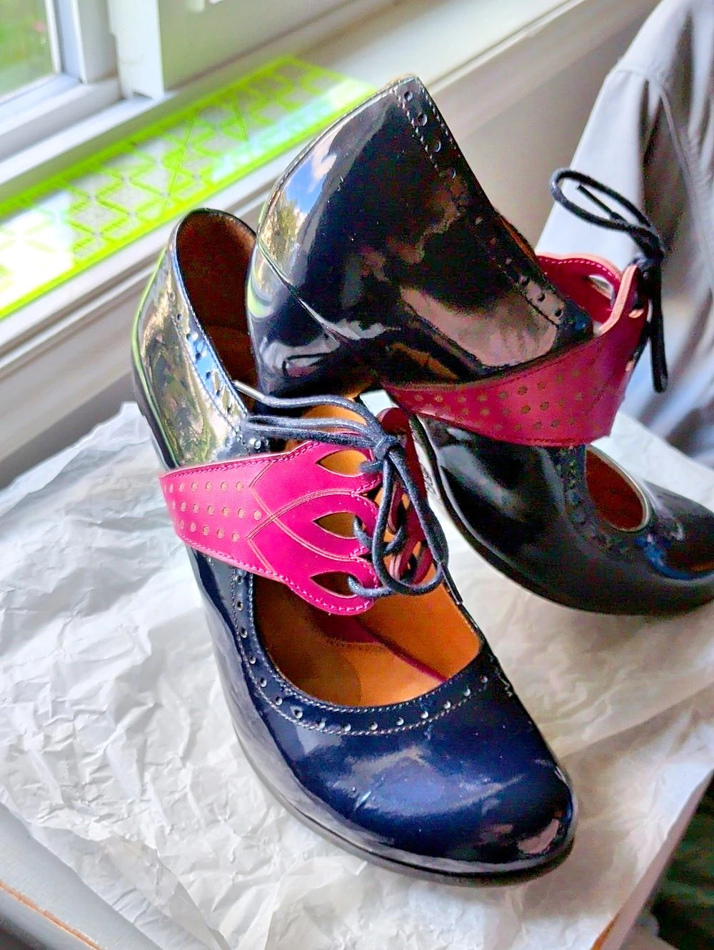 John Fluevog Patent Mary Jane Heels in Black & Pink